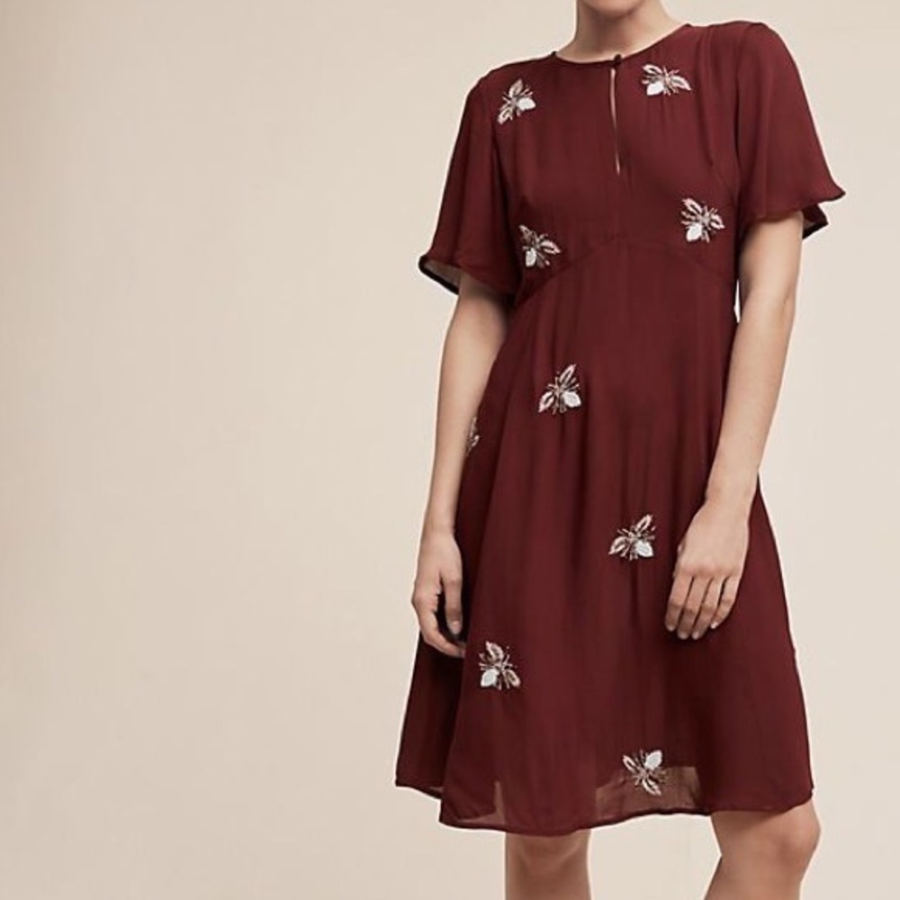 Moulinette Soeurs beaded embroidered burgundy dress